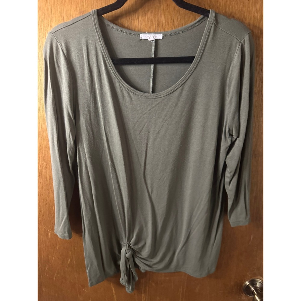 Ava James Womens Olive Green Front Tie Knot Scoop Neck 3/4 Sleeve Top Large